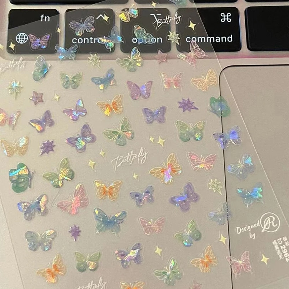 Colorful Butterfly Fairy Nail Art Stickers, Fashion Laser Stickers with Advanced Embossed Butterfly Wings