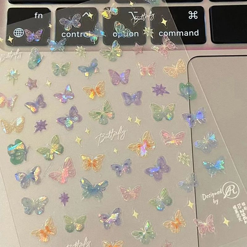 Colorful Butterfly Fairy Nail Art Stickers, Fashion Laser Stickers with Advanced Embossed Butterfly Wings