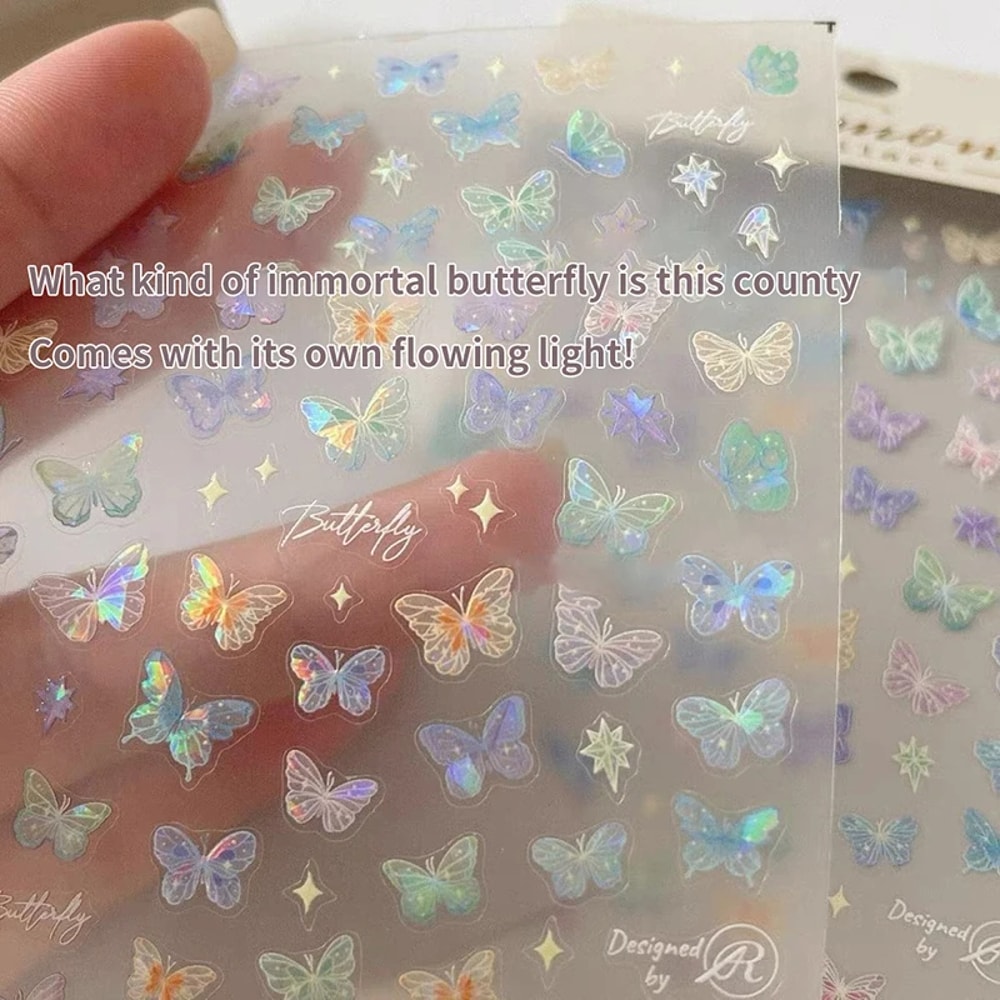 Colorful Butterfly Fairy Nail Art Stickers, Fashion Laser Stickers with Advanced Embossed Butterfly Wings