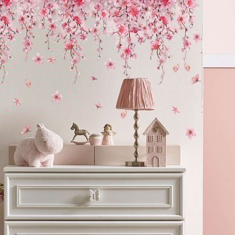 Cherry Blossom Pink Flower Vine Wall Sticker For Bedroom Living Room Home Decor 0