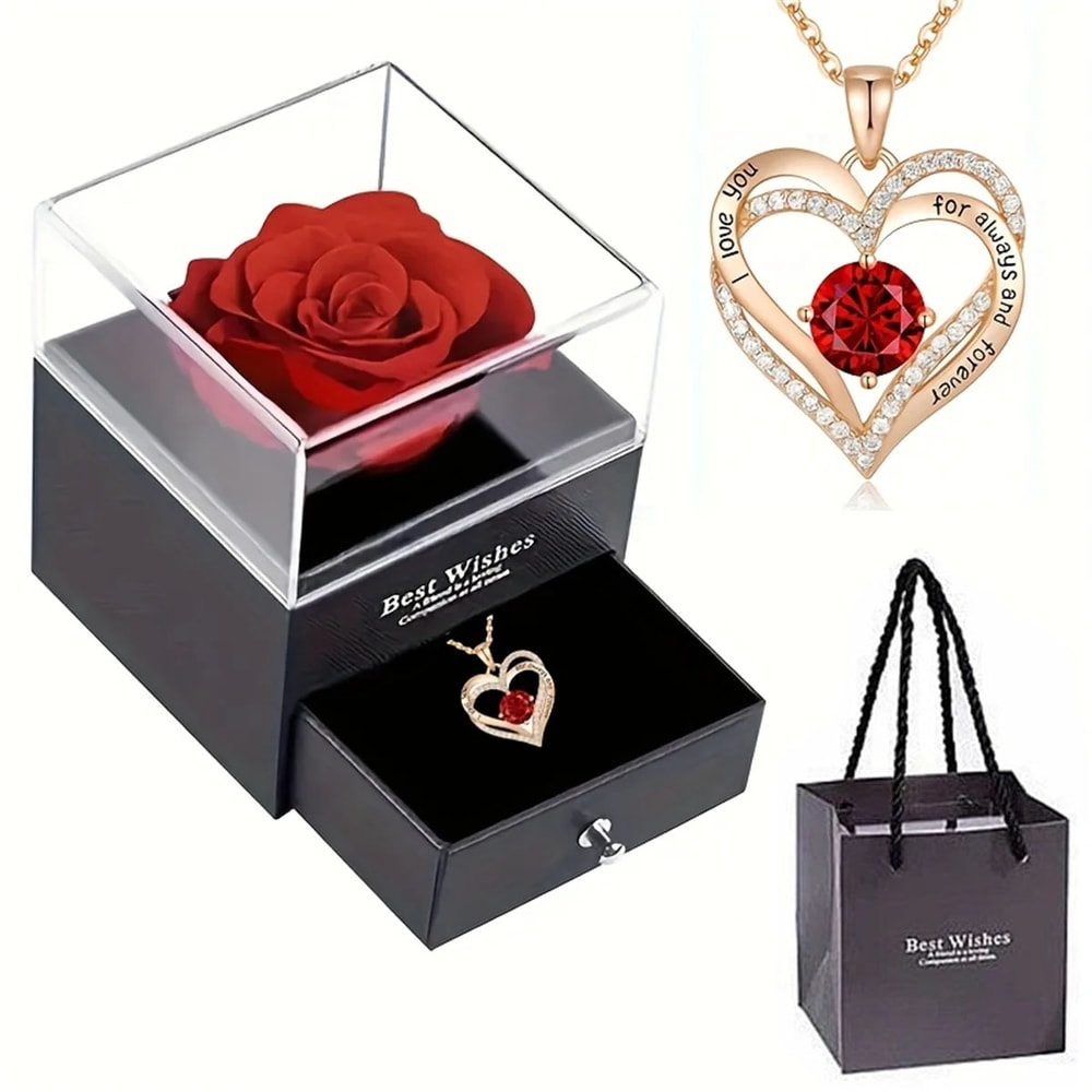 Luxury Red Pendant Necklace For Girlfriend With Rose Flower Gift Box I Love You Jewelry Trendy Wedd 6