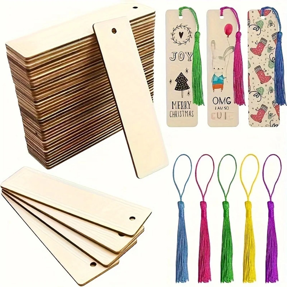 Wooden DIY Craft Bookmarks Lasercut Wooden Pendants Tassel Color Random Square Tags For Custom Proj 0