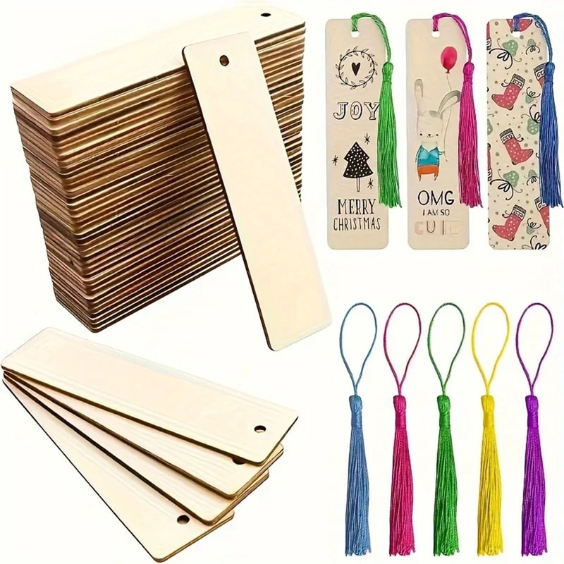 Wooden DIY Craft Bookmarks Lasercut Wooden Pendants Tassel Color Random Square Tags For Custom Proj 0
