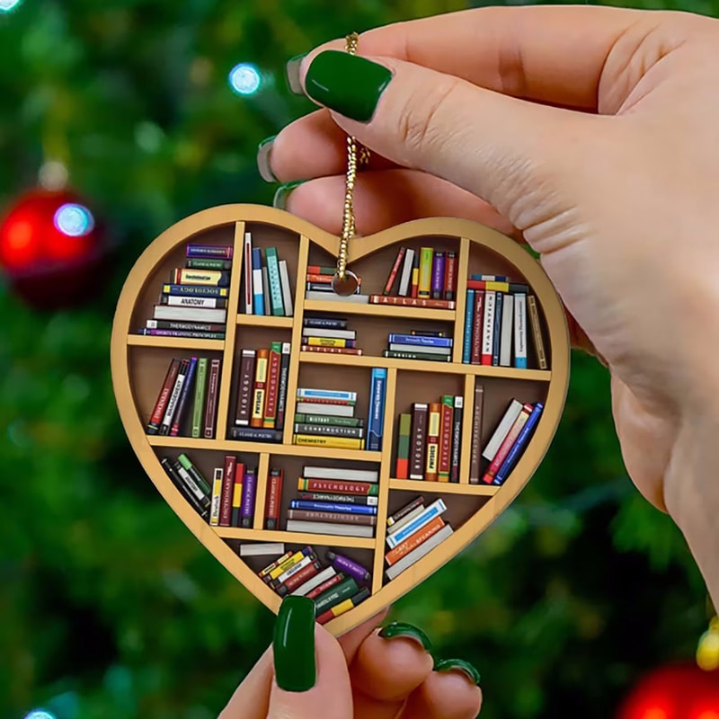 Heart Shaped Bookshelf Pendant Christmas Tree Decoration Wooden Ornament For Book Lovers Holiday Gi 2