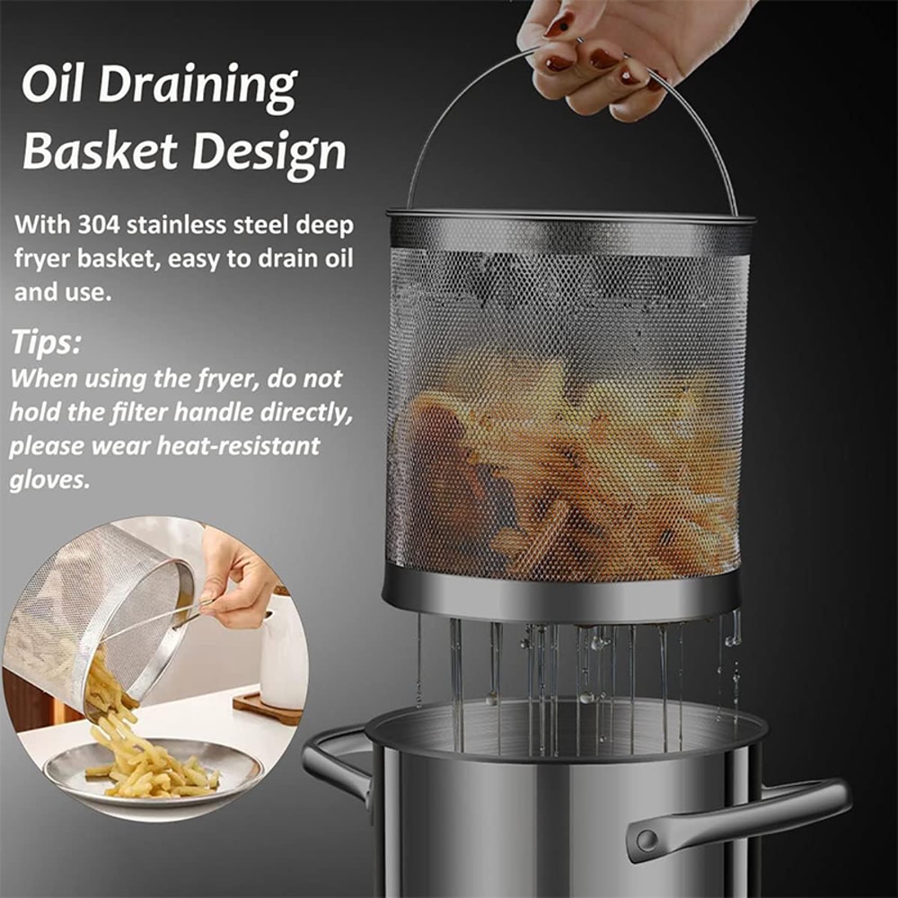 Stainless Steel Deep Fryer Pot with Mesh Steamer Basket Tempura Fryer Pot with Lid and Tong
