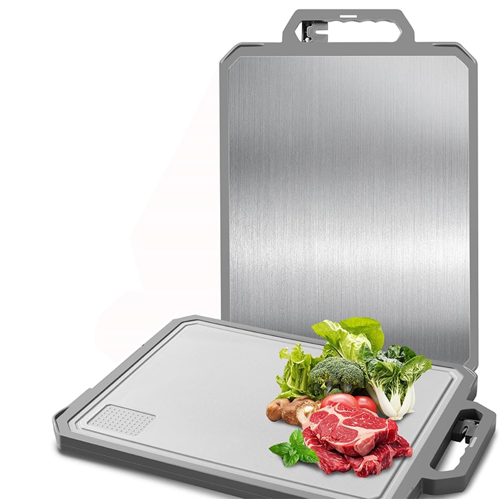 Non Toxic Large Stainless Steel Chopping Board with Double Sided Metal Cutting Board and Ceramic Sharpener for Kitchen