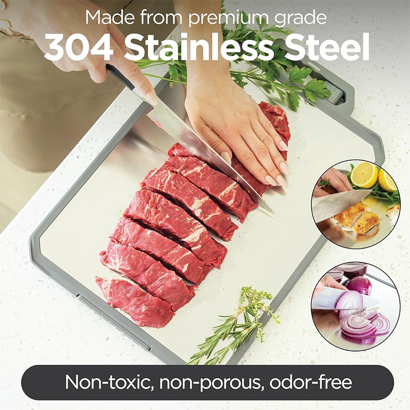 Non Toxic Large Stainless Steel Chopping Board with Double Sided Metal Cutting Board and Ceramic Sharpener for Kitchen