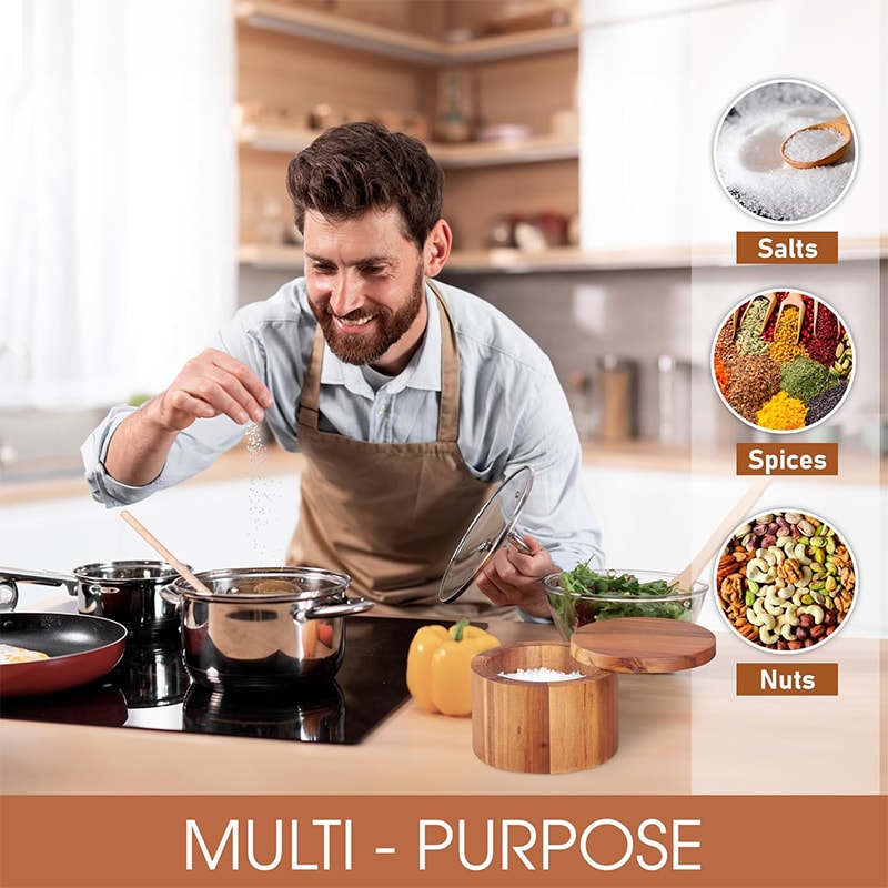 Acacia Salt Cellar With Swivel Lid Acacia Wood Salt And Pepper Bowl Box With Lid And Spoon 1