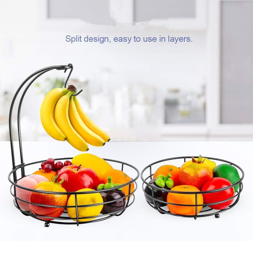 Countertop Fruit Basket Bowl With Metal Wire And Banana Hanger Storage Holder 2