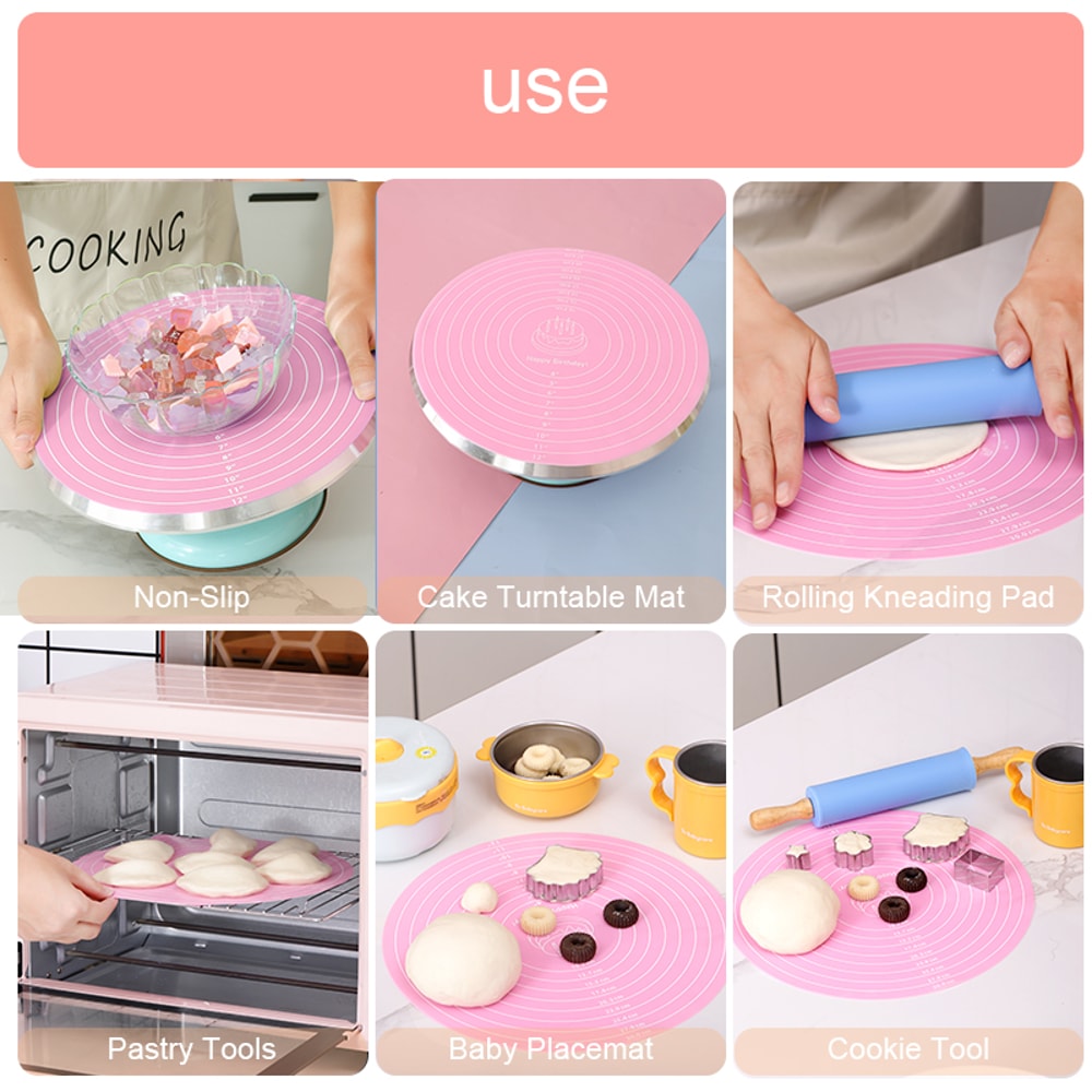 Round Cake Turntable Mat Silicone Dough Mat With Scale Heat Resistant Nonslip Pastry Pad For Baking 5