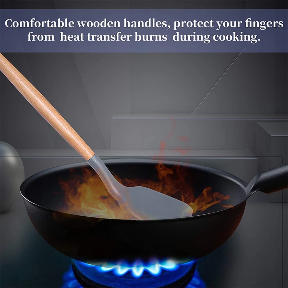 Wooden Turner Silicone Spatula Non Stick Frying Pan Shovel Pancakes Meat Egg Scraper Kitchen Cookin 2