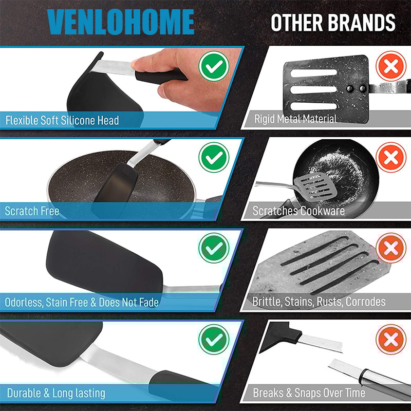 Non-Stick Silicone Turner with Heat Resistant Flexible Spatula for Flipping, Frying, and Cooking Pancakes and Steak