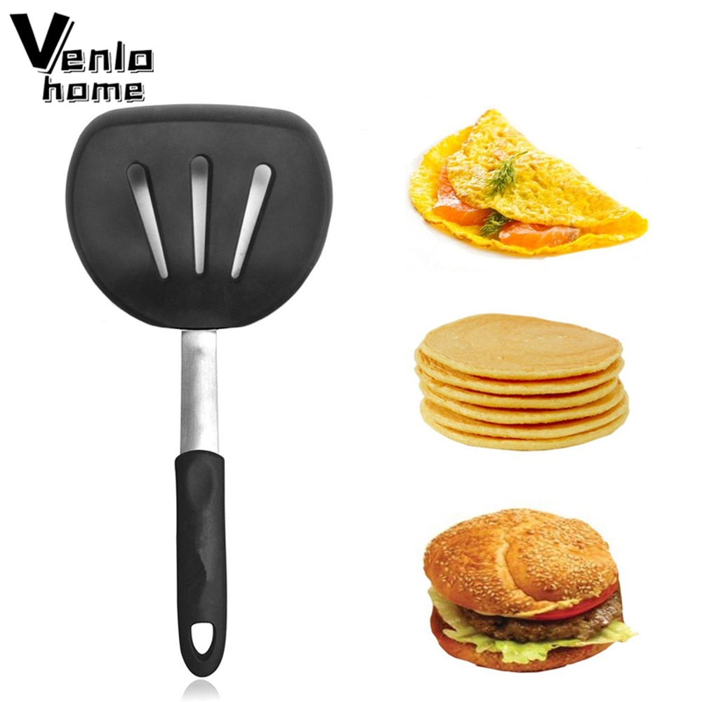 Wide Non Stick Pancake Turner Flexible Silicone Spatula With Stainless Steel Handle BPA Free Kitche 0