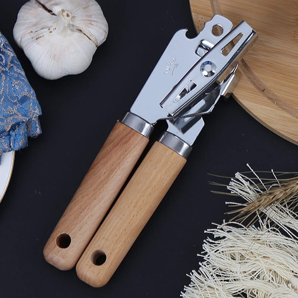 Ergonomic Stainless Steel Manual Can Opener With Wooden Handle Professional Side Cut Jar Opener Kit 1