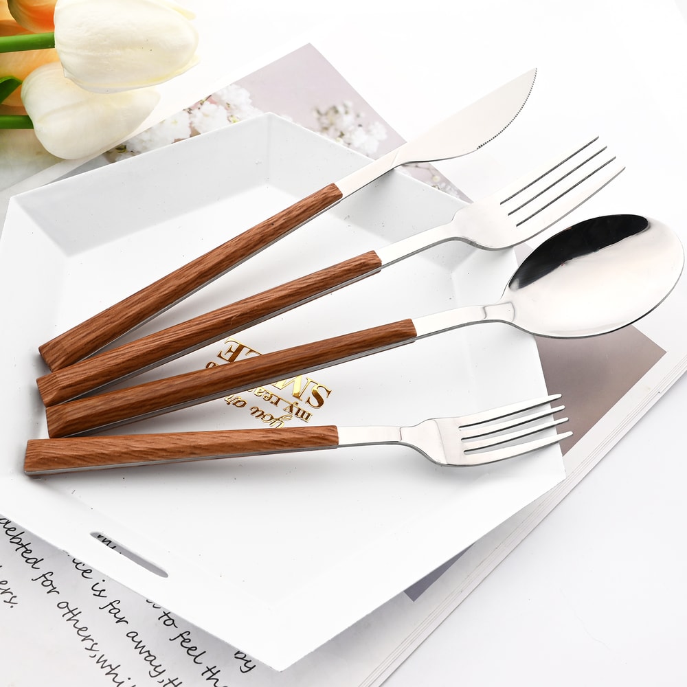 Imitation Wooden Handle Cutlery Set Stainless Steel Knife Fork Tea Spoon Western Tableware Dinnerwa 2