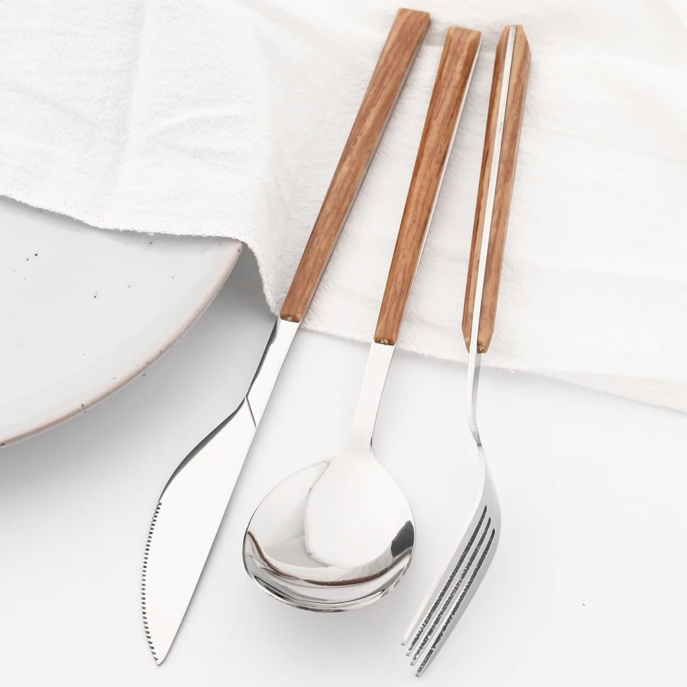 Imitation Wooden Handle Cutlery Set Stainless Steel Knife Fork Tea Spoon Western Tableware Dinnerwa 3
