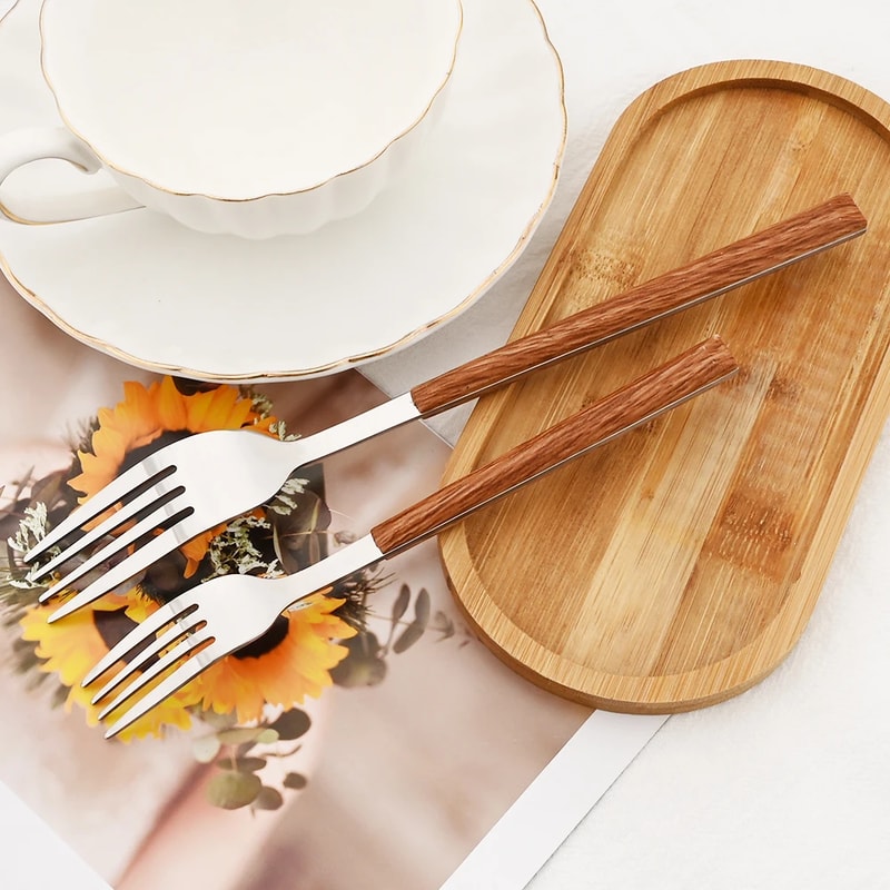 Imitation Wooden Handle Cutlery Set Stainless Steel Knife Fork Tea Spoon Western Tableware Dinnerwa 4