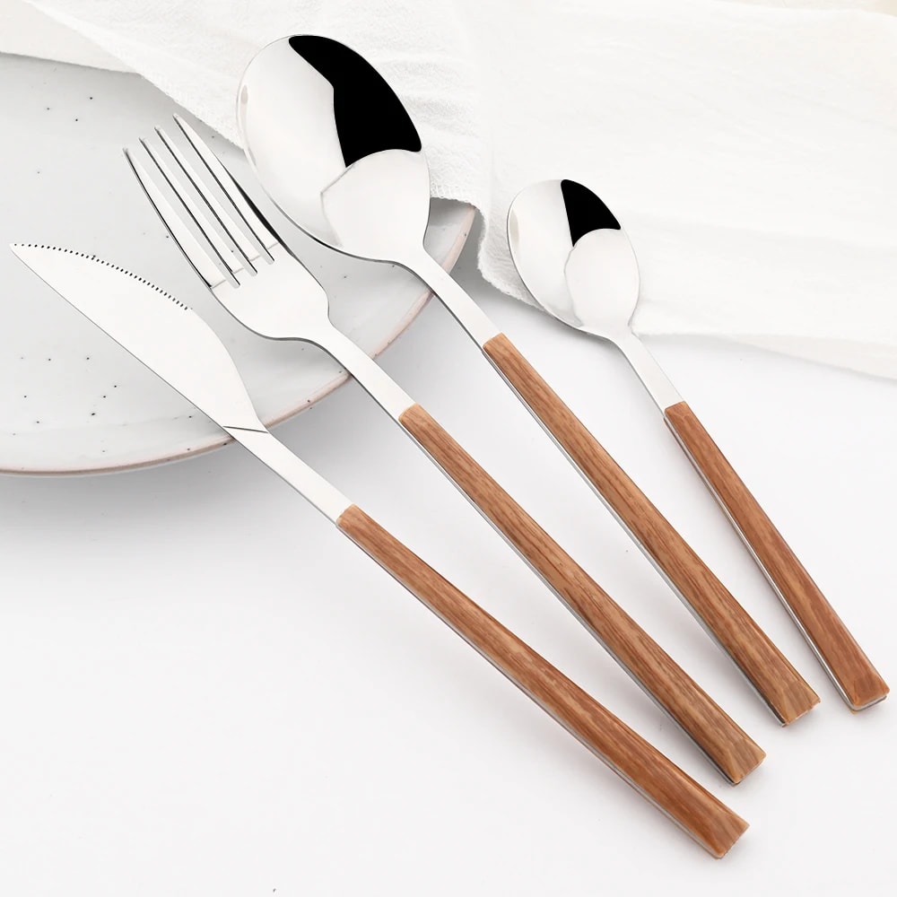 Imitation Wooden Handle Cutlery Set Stainless Steel Knife Fork Tea Spoon Western Tableware Dinnerwa 5