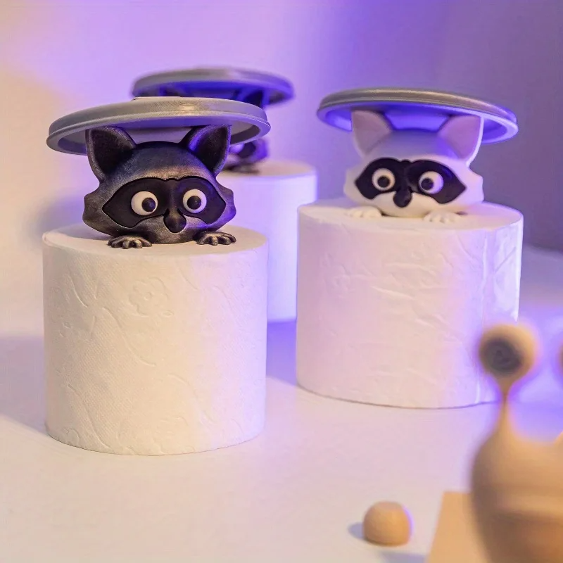 3D Printed Raccoon Toilet Roll Holder White Plastic Tissue Holder With Lid Playful Bathroom Decor 2