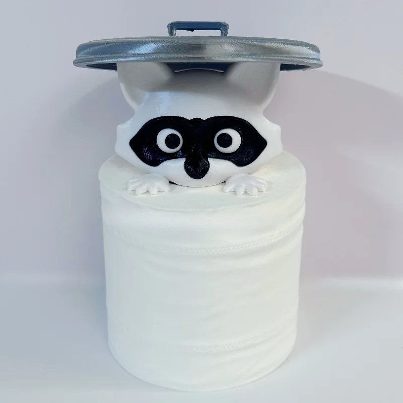 3D Printed Raccoon Toilet Roll Holder White Plastic Tissue Holder With Lid Playful Bathroom Decor 4