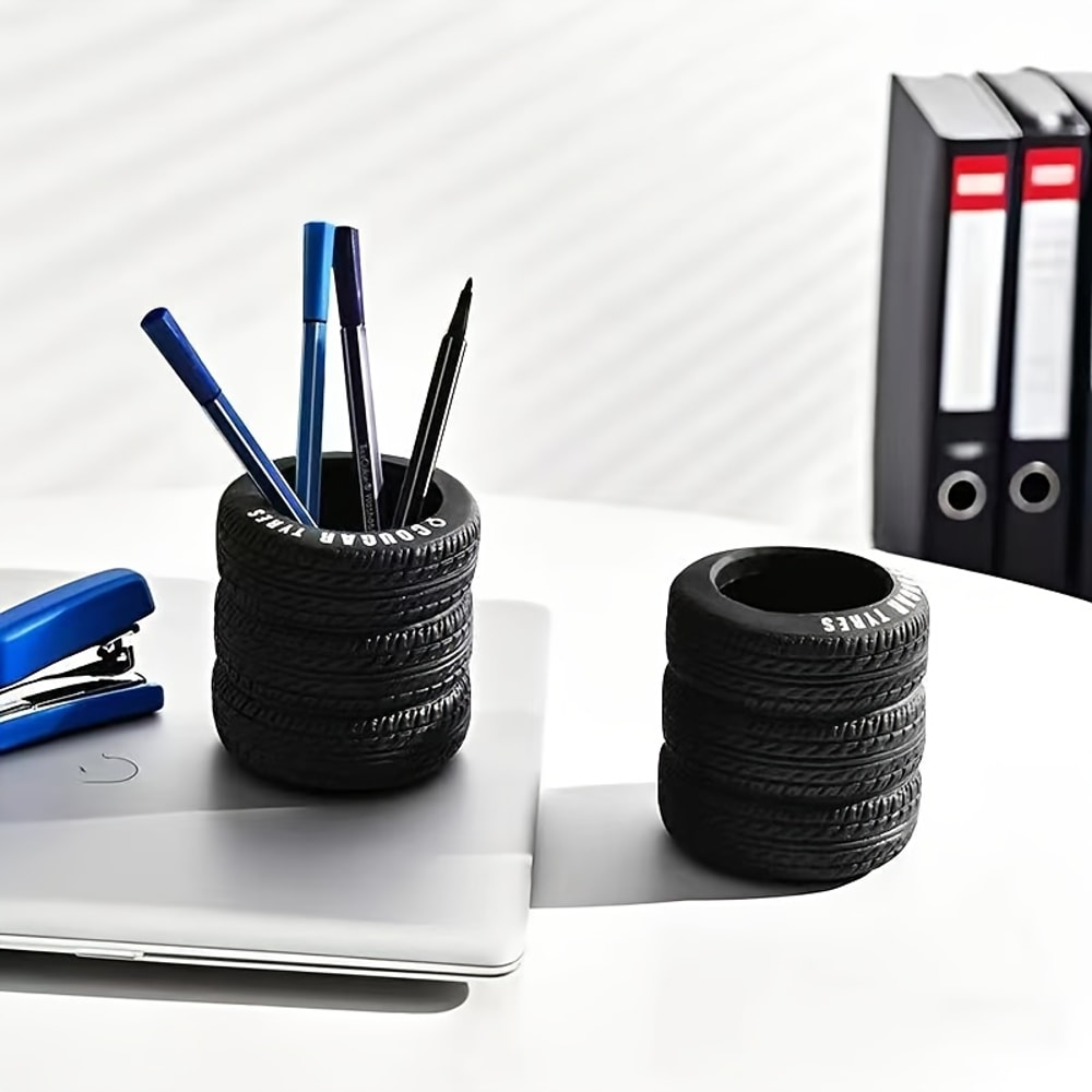 PVC TireShaped Pen Holder Fun Desk Organizer Ideal For Office And School Supplies Painted Finish 3