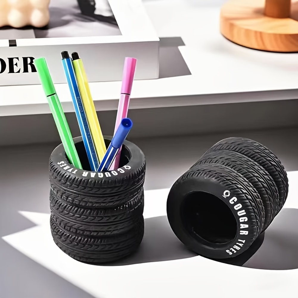 PVC TireShaped Pen Holder Fun Desk Organizer Ideal For Office And School Supplies Painted Finish 4