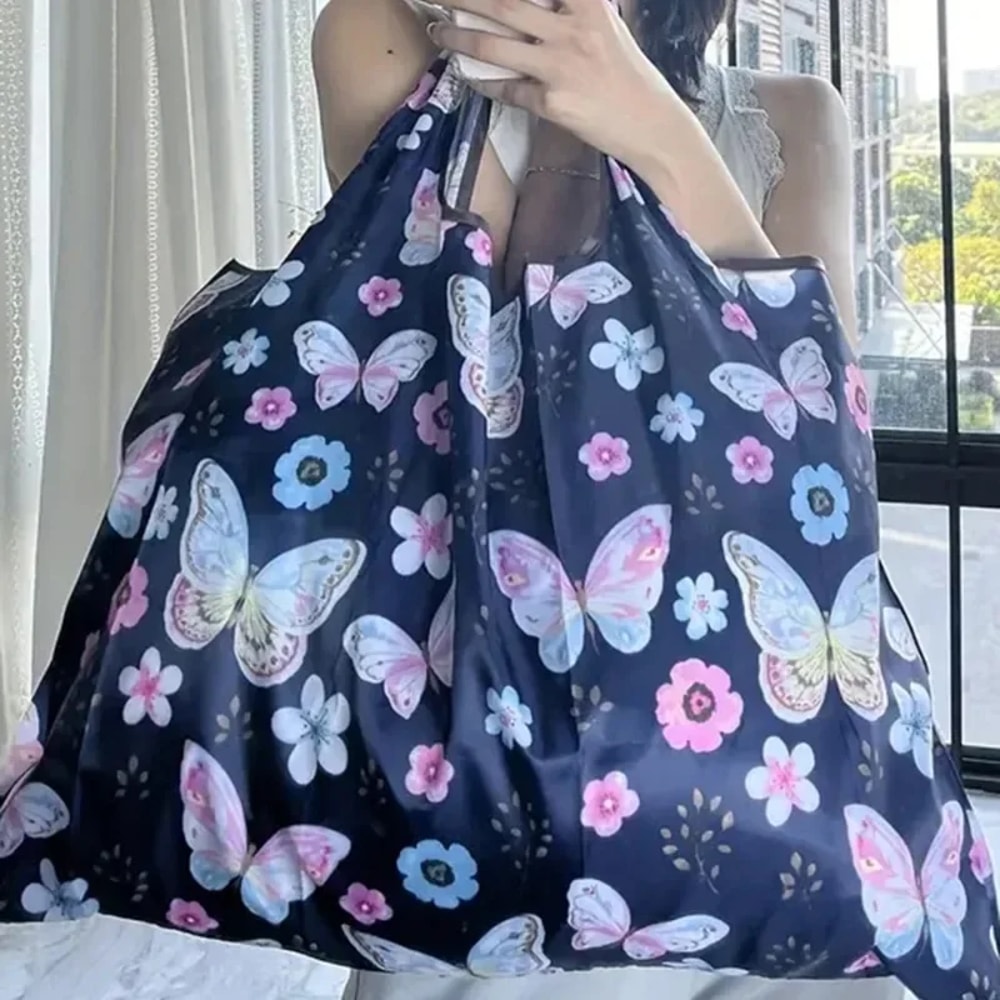 Portable Folding Shopping Bag Butterfly Flower Printing Grocery Bag Ecofriendly Reusable Highcapaci 2