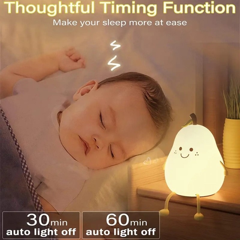 Cute LED Pear Night Light USB Rechargeable Touch Silicone Table Lamp Bedroom Decoration Gift For Co 1