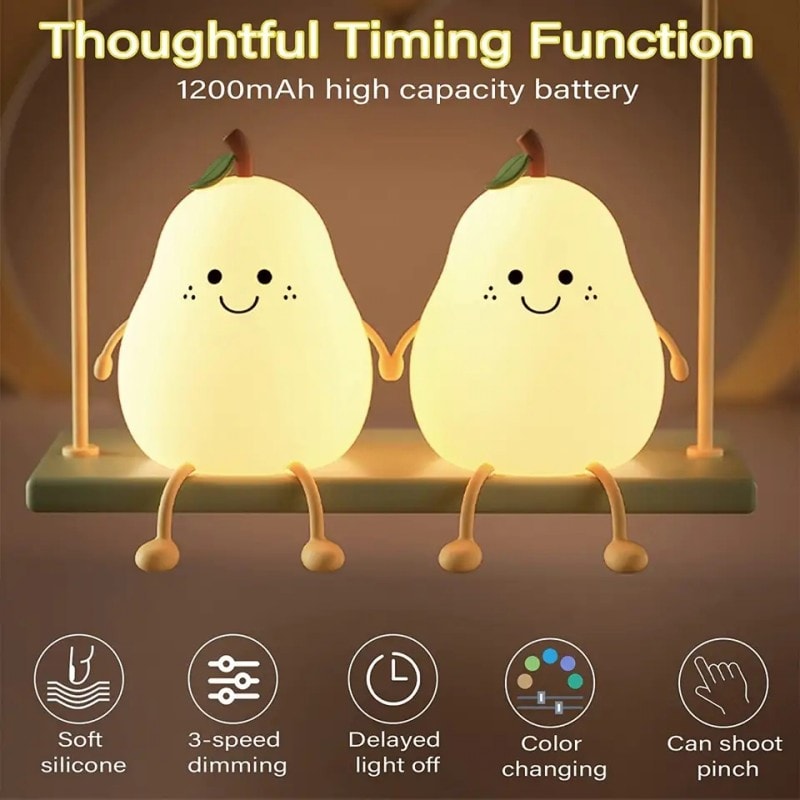 Cute LED Pear Night Light USB Rechargeable Touch Silicone Table Lamp Bedroom Decoration Gift For Co 2