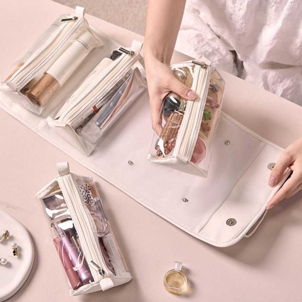 Portable Women Makeup Case Foldable Leather Travel Cosmetic Bag Waterproof Toiletry Organizer Large 2