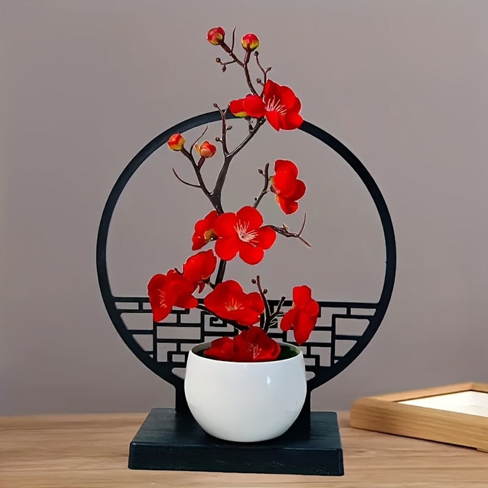 Artificial Plum Blossom Bonsai with Screen Base, Beautiful Tabletop Decor for Bedroom, Office, and Living Room Spaces