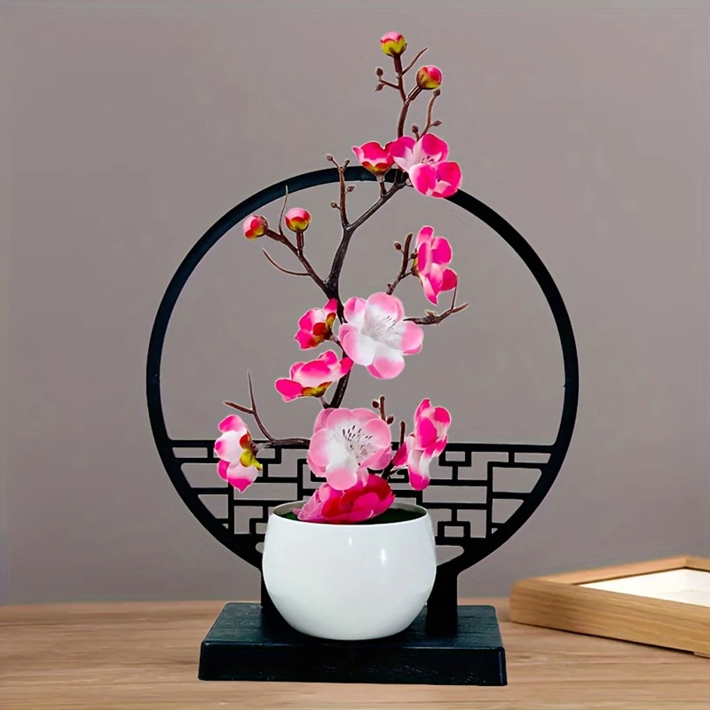 Artificial Plum Blossom Bonsai with Screen Base, Beautiful Tabletop Decor for Bedroom, Office, and Living Room Spaces