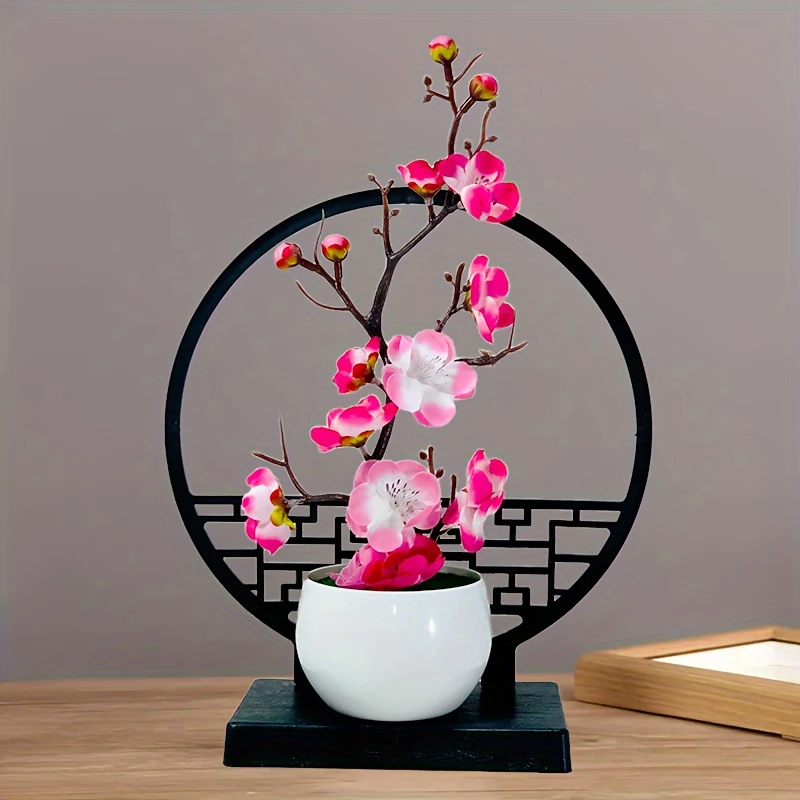 Artificial Plum Blossom Bonsai with Screen Base, Beautiful Tabletop Decor for Bedroom, Office, and Living Room Spaces