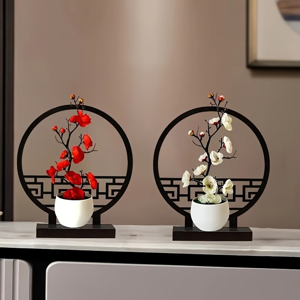 Artificial Plum Blossom Bonsai with Screen Base, Beautiful Tabletop Decor for Bedroom, Office, and Living Room Spaces