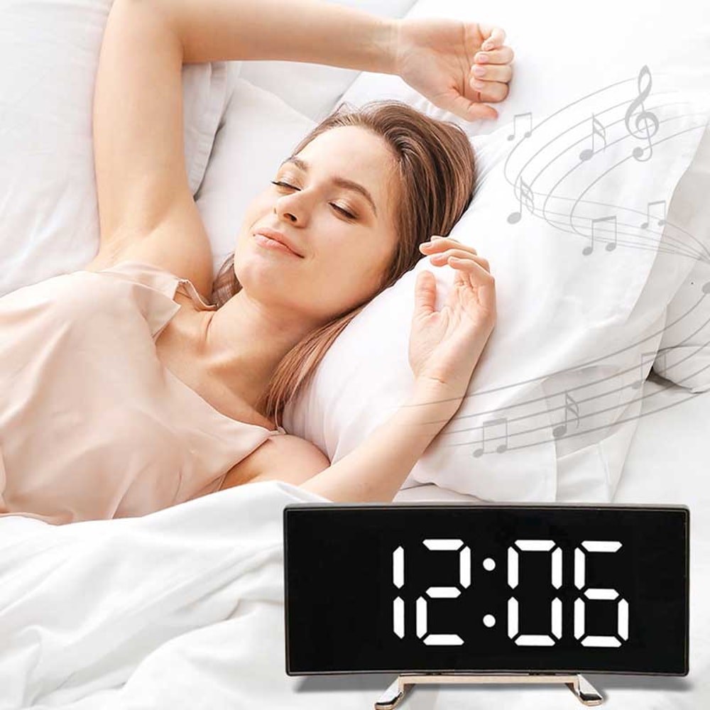 LED Large Screen Mirror Alarm Clock Creative Curved Electronic Clock Students Silent Multifunctiona 1