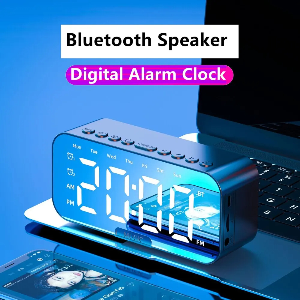 LED Digital Alarm Clock With Bluetooth Mirror Speaker Bedroom Tabletop Display FM Radio Temperature 1
