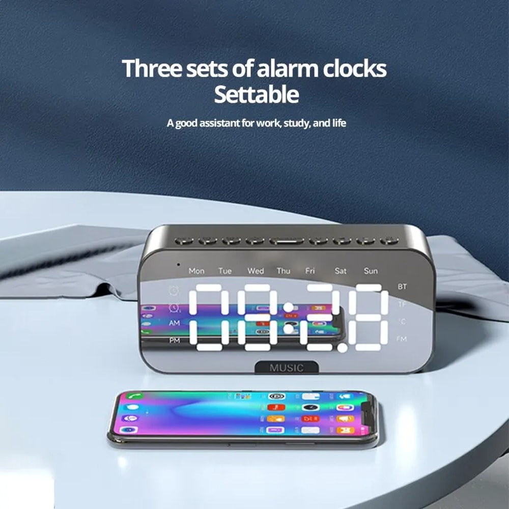 LED Digital Alarm Clock With Bluetooth Mirror Speaker Bedroom Tabletop Display FM Radio Temperature 4
