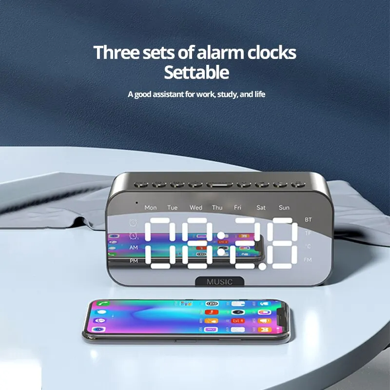 LED Digital Alarm Clock With Bluetooth Mirror Speaker Bedroom Tabletop Display FM Radio Temperature 4