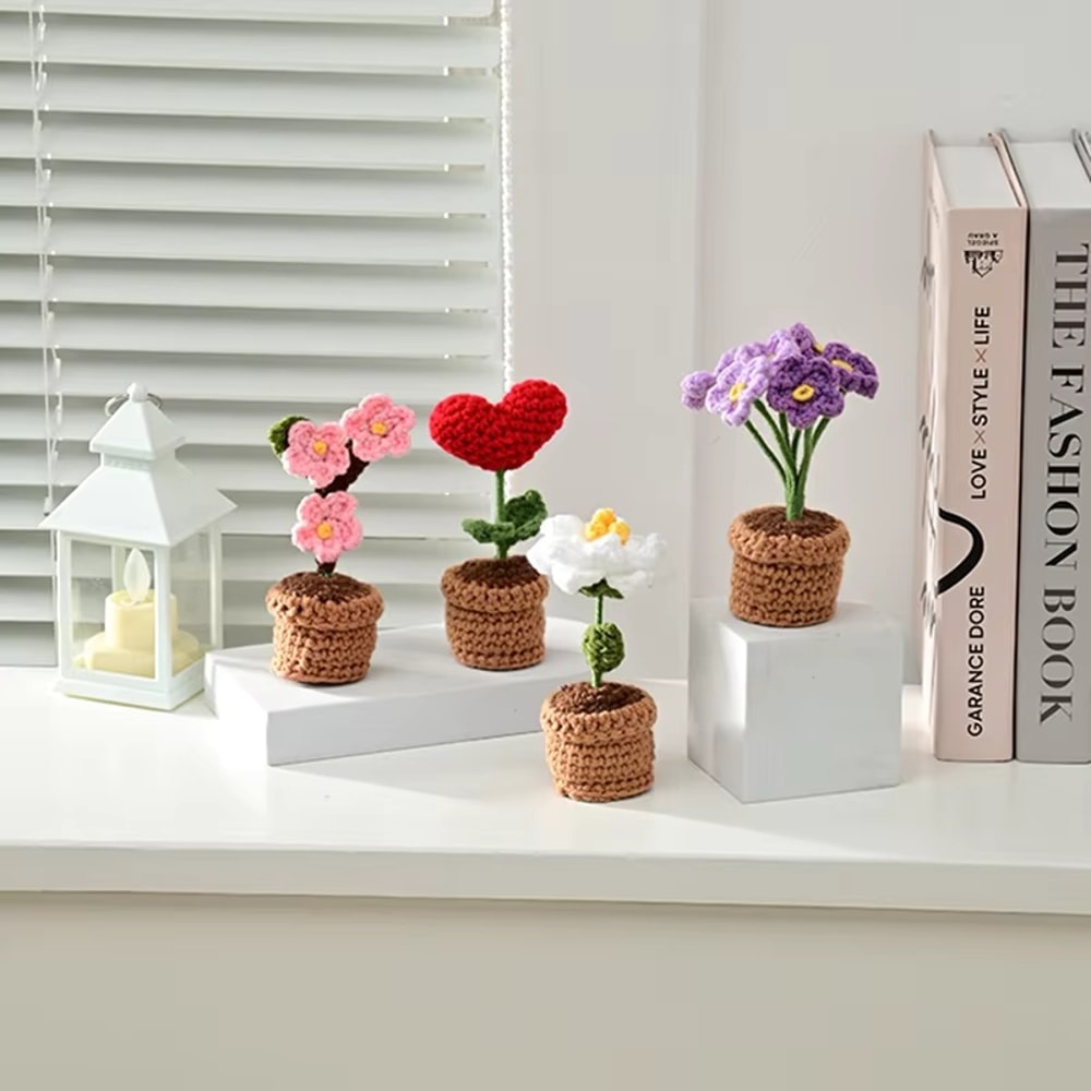 Red Heart Shaped Handmade Knitted Flower Pot Knit Imitation Potted Plant For Valentines Day Christm 4