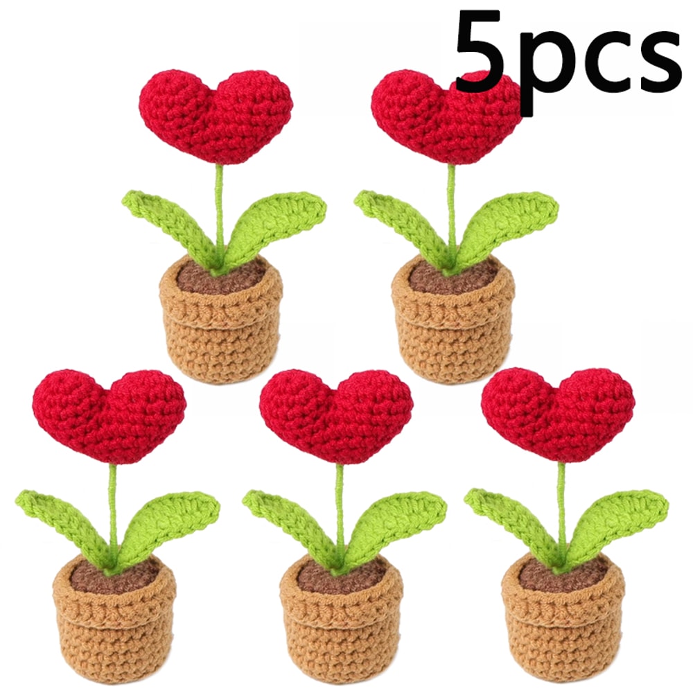 Red Heart Shaped Handmade Knitted Flower Pot Knit Imitation Potted Plant For Valentines Day Christm 8