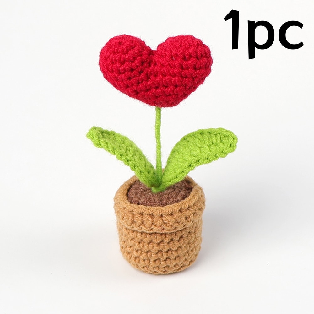 Red Heart Shaped Handmade Knitted Flower Pot Knit Imitation Potted Plant For Valentines Day Christm 6