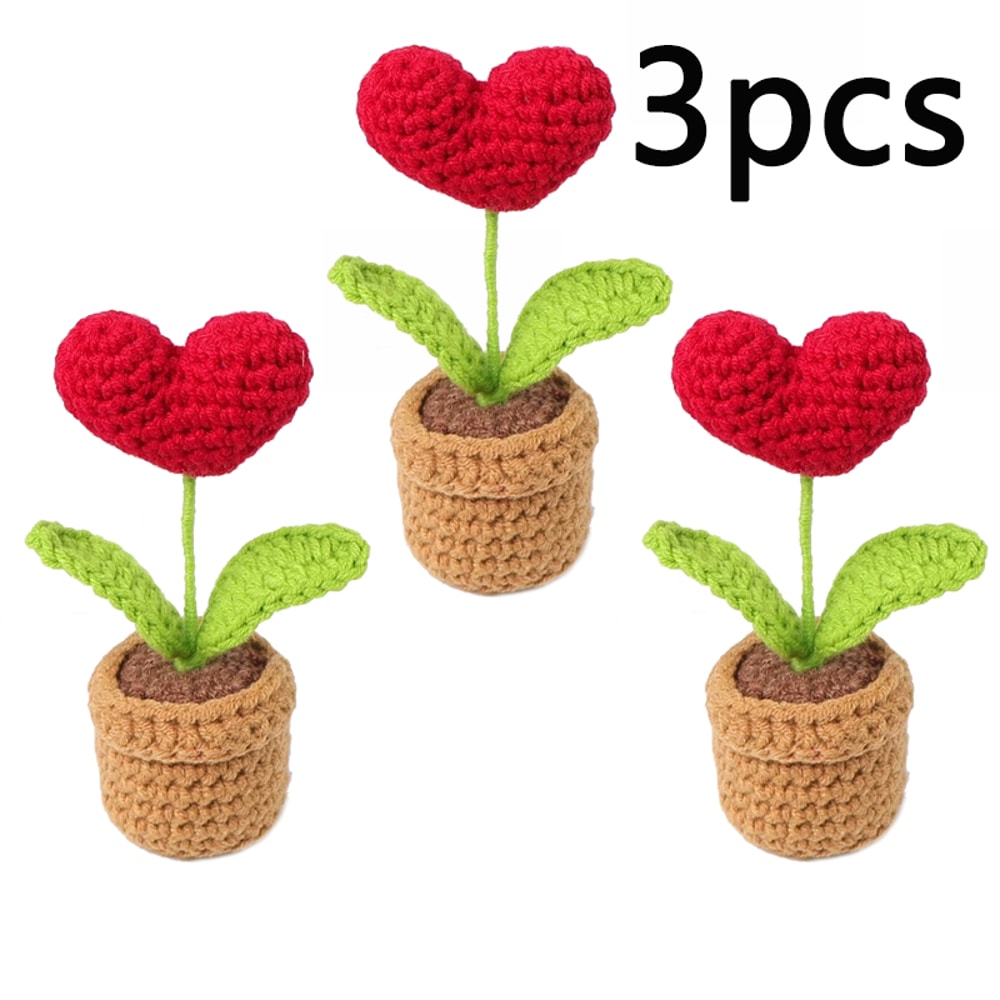 Red Heart Shaped Handmade Knitted Flower Pot Knit Imitation Potted Plant For Valentines Day Christm 7
