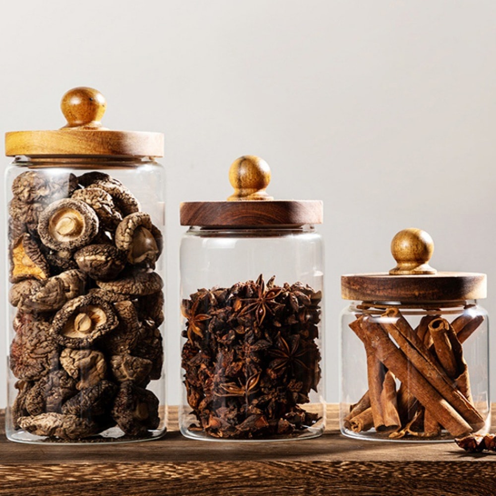 Glass Food Storage Jar With Airtight Wood Lid For Coffee Beans Nuts Spice And Candy 2