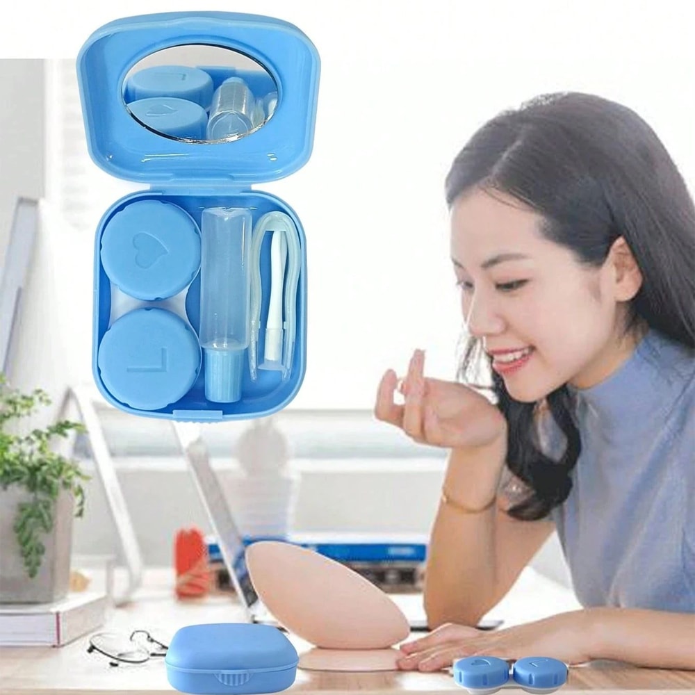 Solid Color Portable Contact Lens Case Travel Kit With Tweezer Suction Stick Mini Soaking Storage B 2