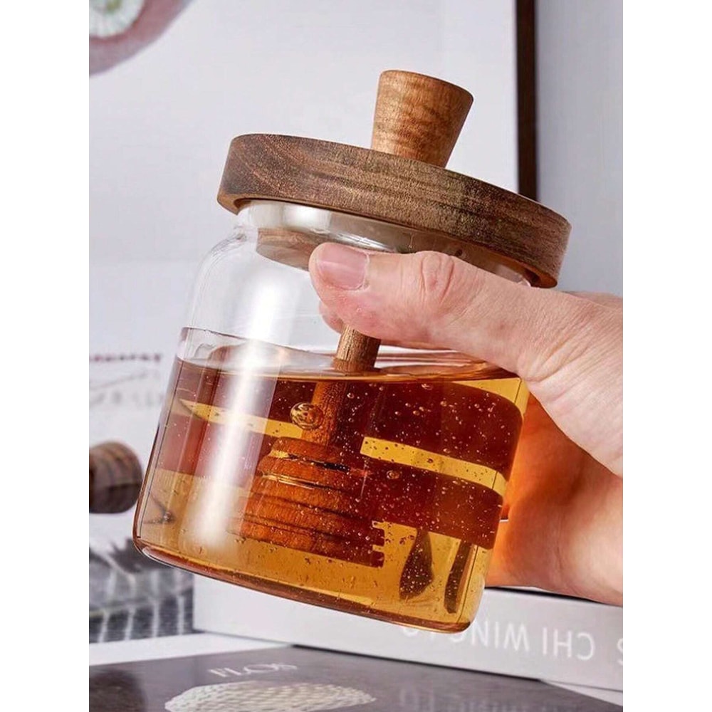 Glass Honey Jar With Wooden Cover Airtight Advanced Honey Pot And Mixing Rod 0