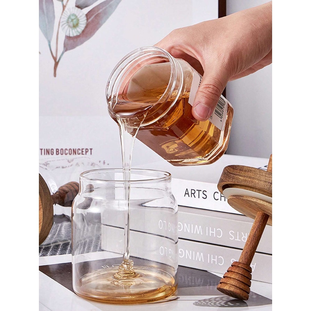 Glass Honey Jar With Wooden Cover Airtight Advanced Honey Pot And Mixing Rod 2