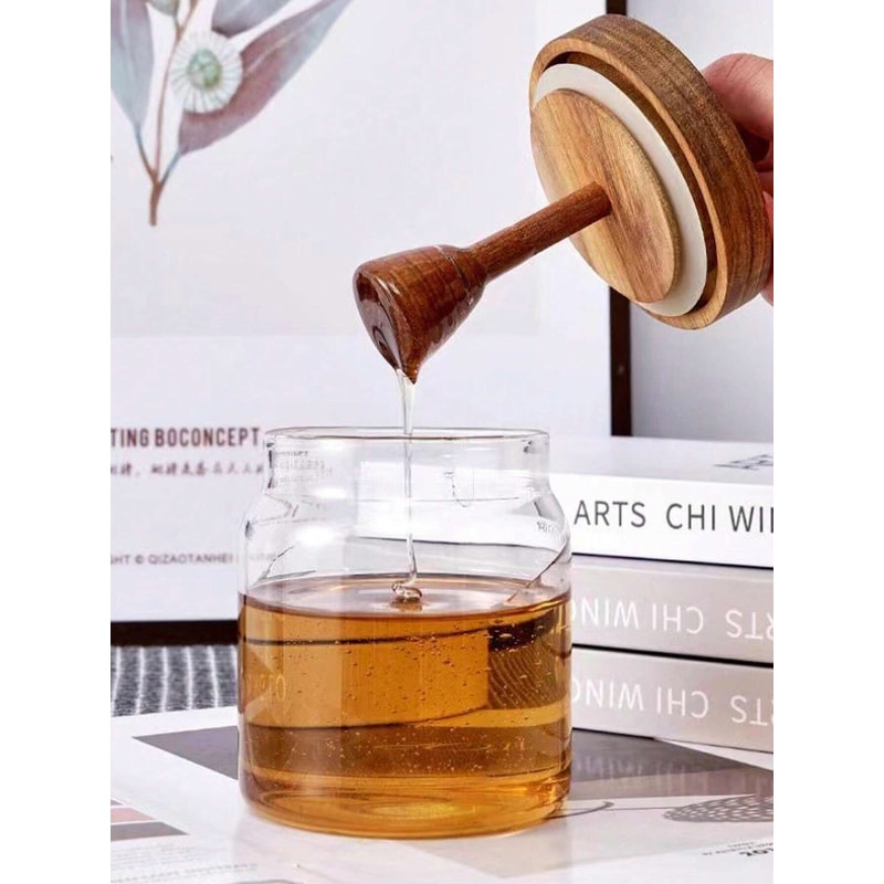 Glass Honey Jar With Wooden Cover Airtight Advanced Honey Pot And Mixing Rod 3