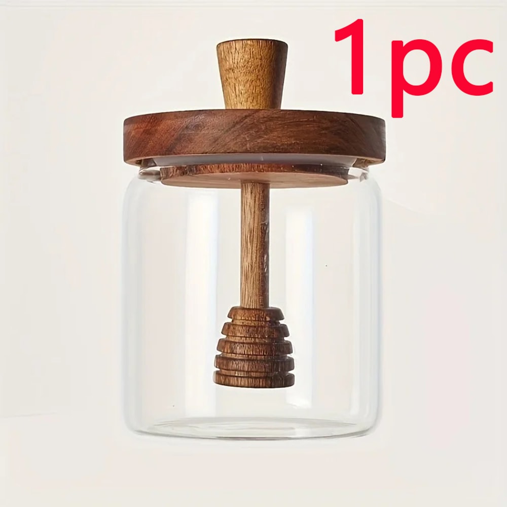 Glass Honey Jar With Wooden Cover Airtight Advanced Honey Pot And Mixing Rod 6