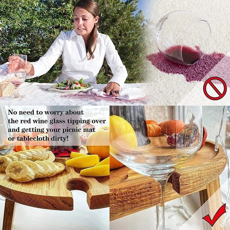 Wooden Folding Picnic Table With Glass Holder Round Desk Collapsible Wine Glass Rack For Outdoor Ga 2