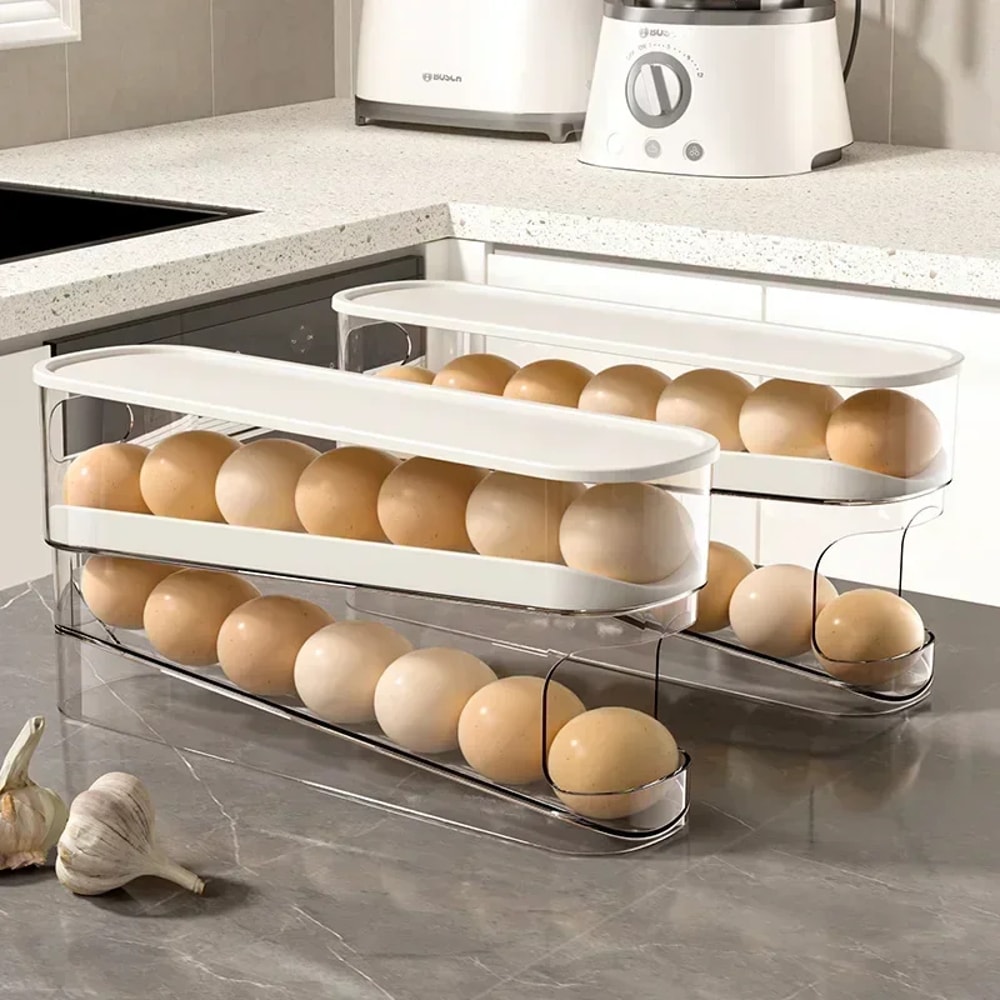 Automatic Rolling Egg Organizer Rack Fridge Egg Storage Box Ladder Style Holder 1